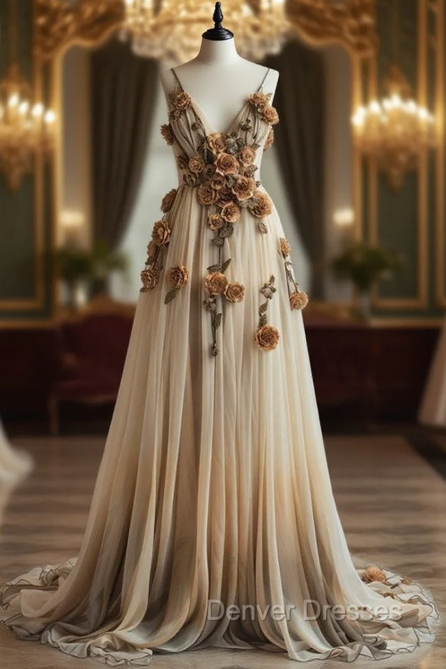 Gradient Champagne V-Neck Chiffon A-Line Prom Dress Three-Dimensional Rose Simple Wedding Dress Main image