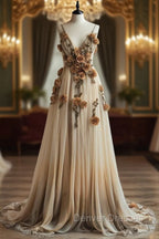Gradient Champagne V-Neck Chiffon A-Line Prom Dress Three-Dimensional Rose Simple Wedding Dress
