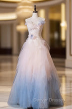 Gradient Color Strapless Tulle A-Line Long Birthday Ball Dress Beautiful Wedding Dress