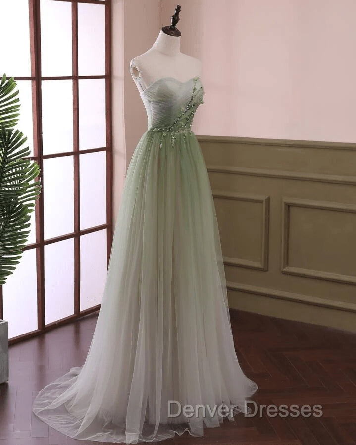 Gradient Light Green Beaded Tulle A-line Party Dress Long Junior Prom Dress prom Dress shops