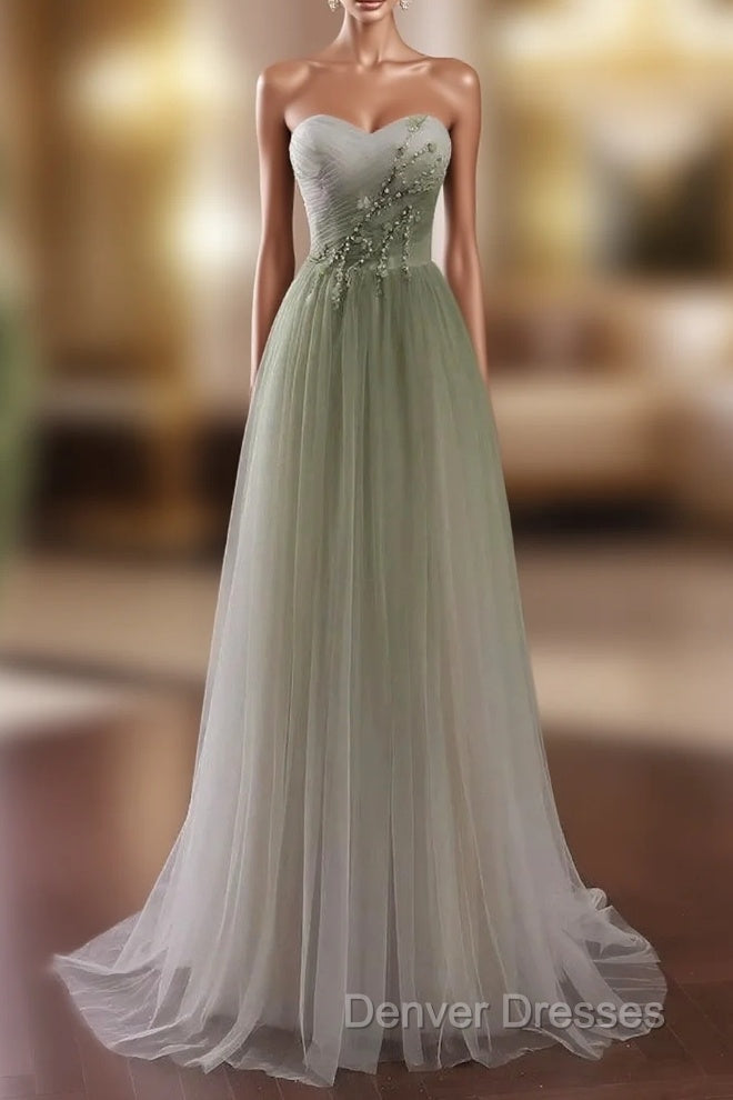 Gradient Light Green Beaded Tulle A-line Party Dress Long Junior Prom Dress prom Dress shops Main image