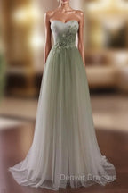 Gradient Light Green Beaded Tulle A-line Party Dress Long Junior Prom Dress prom Dress shops