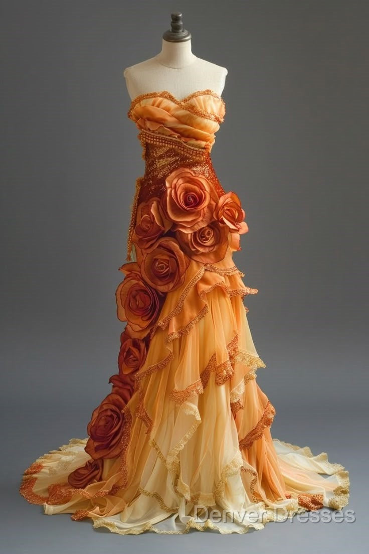 Gradient Orange Mermaid Sweetheart Neck Beaded Long Prom Dress Layered Lace Applique Wedding Dress Evening Dressed01634 Secondary image