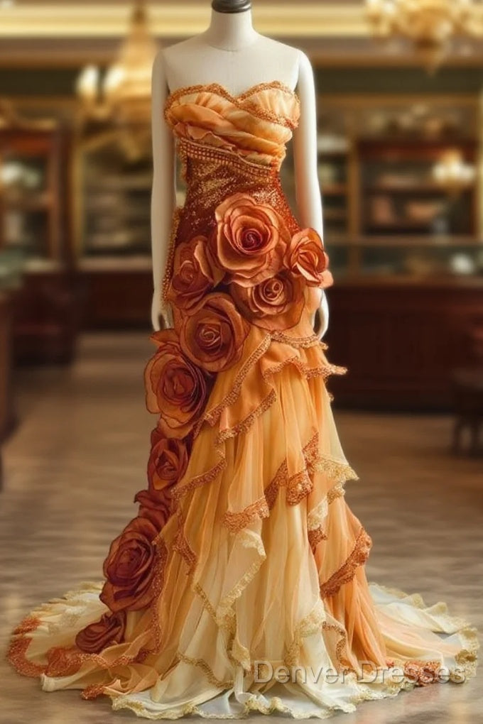 Gradient Orange Mermaid Sweetheart Neck Beaded Long Prom Dress Layered Lace Applique Wedding Dress Evening Dressed01634 Main image