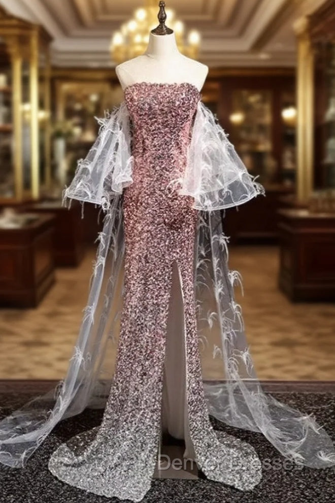Gradient Pink Sequins Strapless Feather Prom Dress Main image