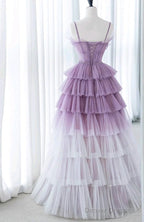 Gradient Purple A-Line Spaghetti Strap Tulle Sequin Long Prom Dress Graduation Prom Dress