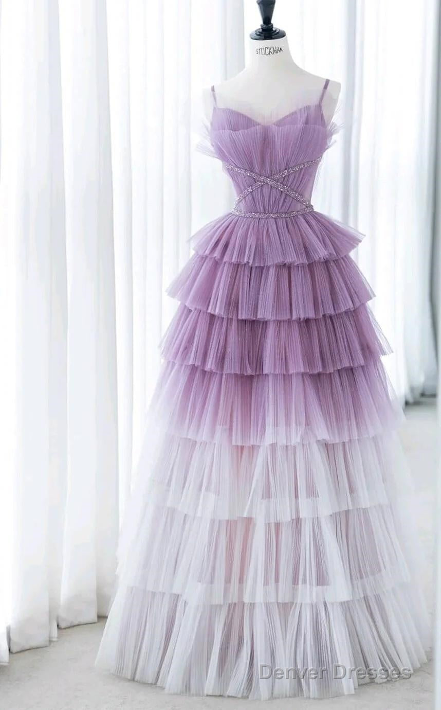 Gradient Purple A-Line Spaghetti Strap Tulle Sequin Long Prom Dress Graduation Prom Dress Main image