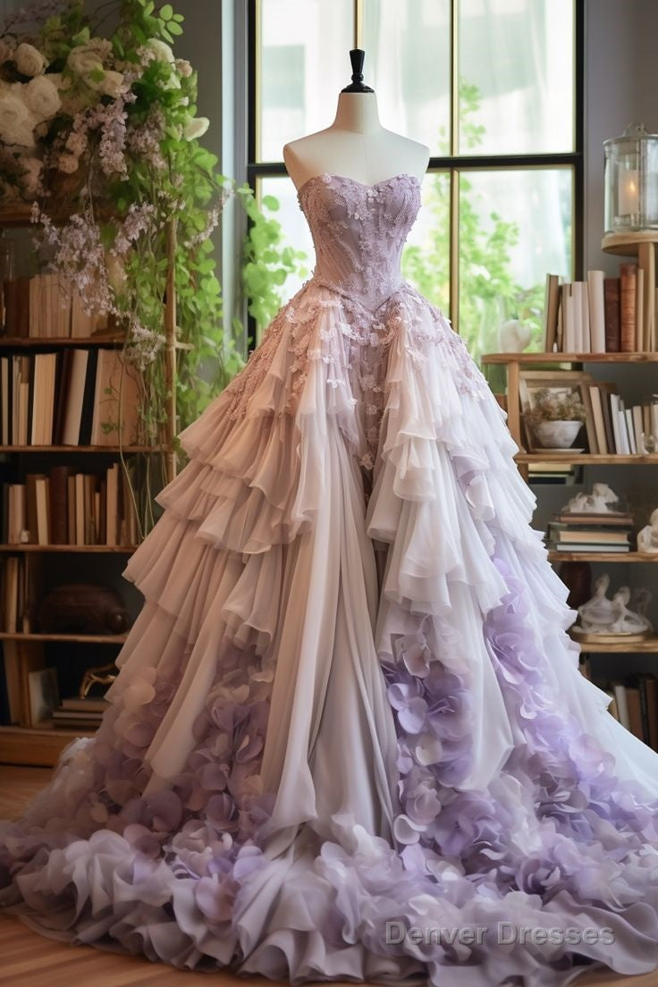 Gradient Purple A-Line Strapless Tulle Vintage Long Ball Gown, Sweetheart Veck Lace Applique Evening Gown Secondary image