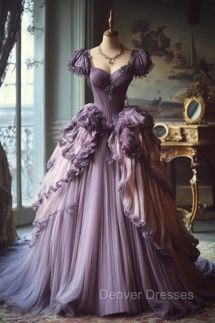 Gradient Purple A-Line Sweetheart Neck Tulle Lace Vintage Long Prom Dress Secondary image