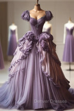 Gradient Purple A-Line Sweetheart Neck Tulle Lace Vintage Long Prom Dress