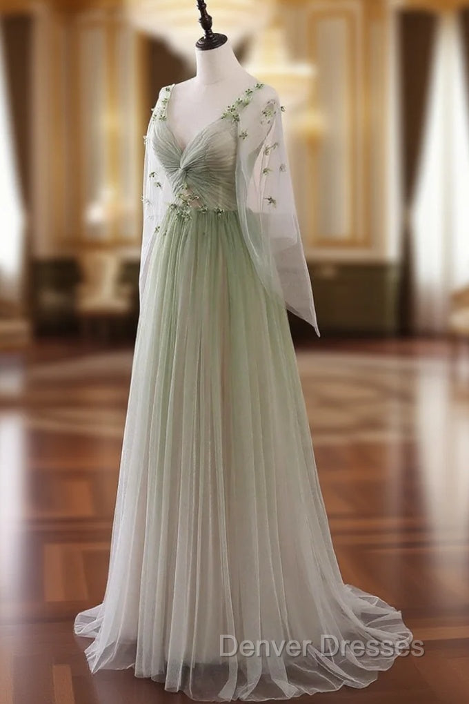 Gradient Tulle Green Long Sleeves Party Dress, Green Evening Formal Dress