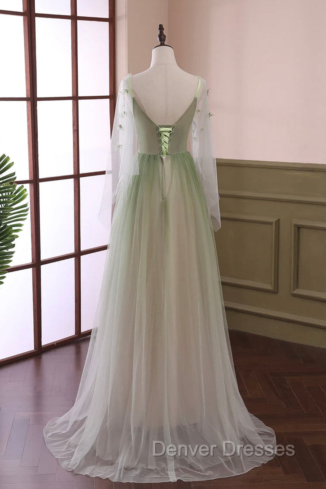 Gradient Tulle Green Long Sleeves Party Dress, Green Evening Formal Dress