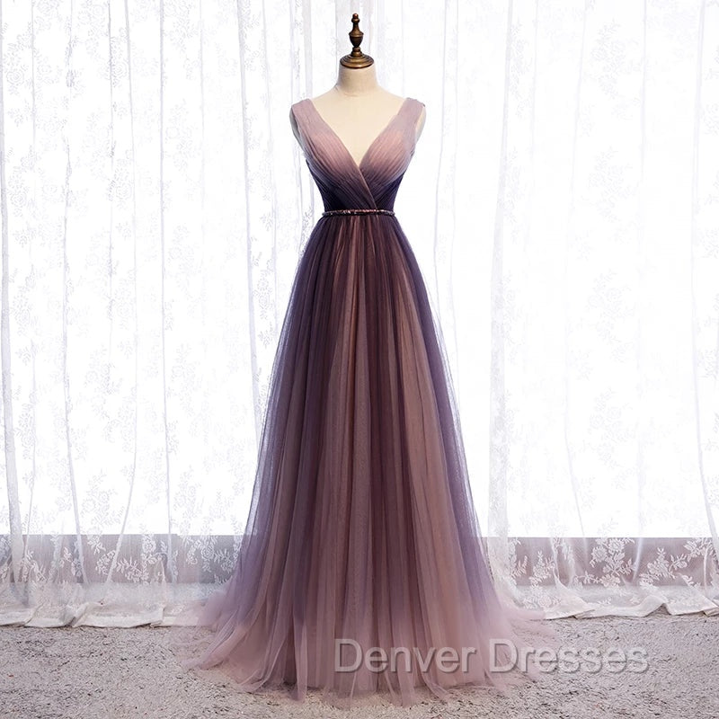 Gradient V-neckline Tulle Long Prom Dress Party Dress, Gradient Evening Gown Secondary image