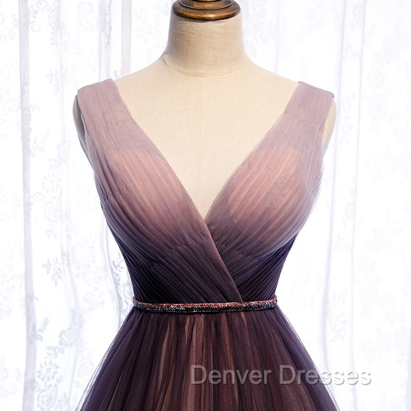 Gradient V-neckline Tulle Long Prom Dress Party Dress, Gradient Evening Gown