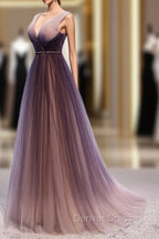 Gradient V-neckline Tulle Long Prom Dress Party Dress, Gradient Evening Gown