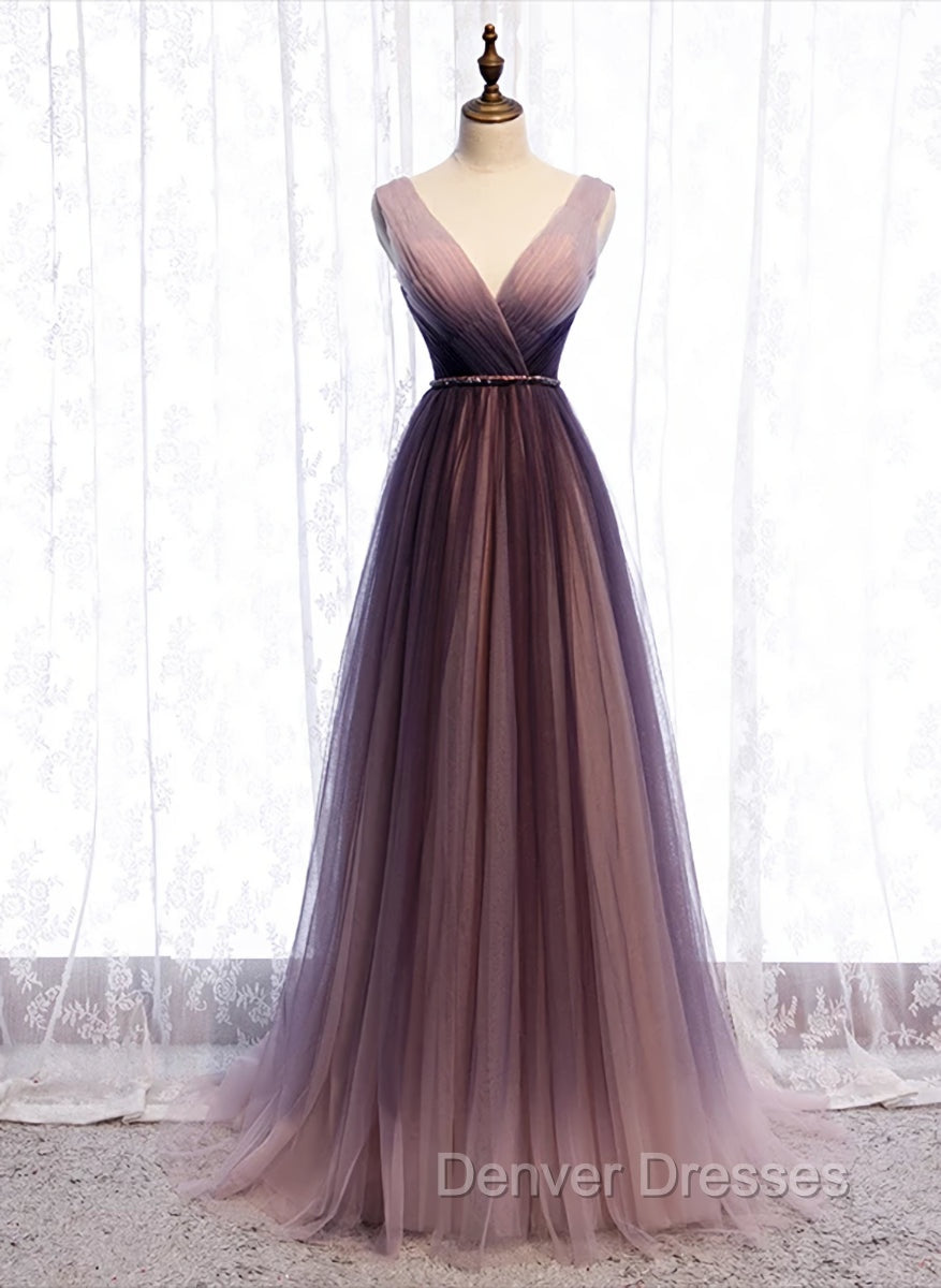 Gradient V-neckline Tulle Long Prom Dress Party Dress, Gradient Evening Gown Main image
