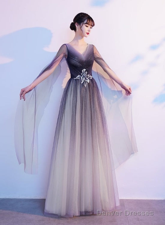 Gradient V-Neckline Tulle Party Dress, A-Line Gradient Evening Dress Prom Dress Evening Dress Main image