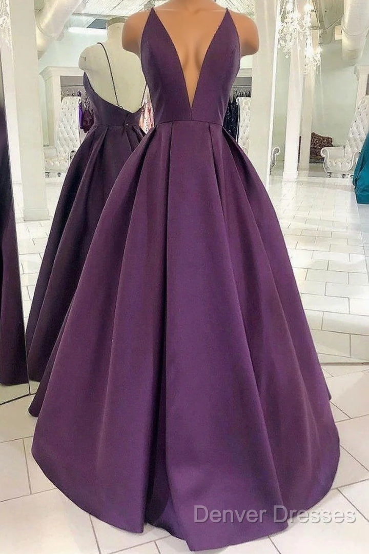 Grape Purple Satin V Neck Backless Long Prom Dress Main image