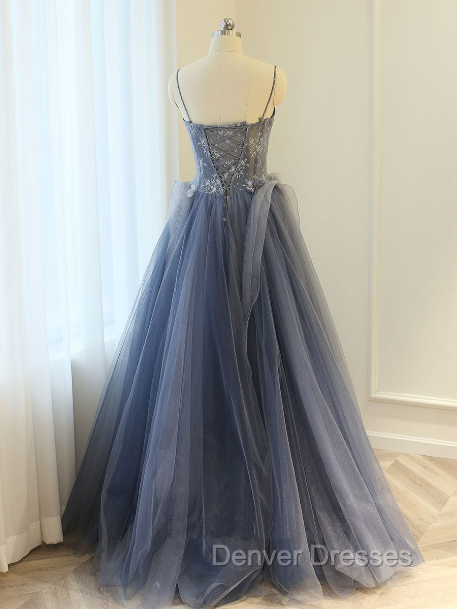 Gray A Line Lace Tulle Long Prom Dress, Gray Formal Evening Dress Secondary image