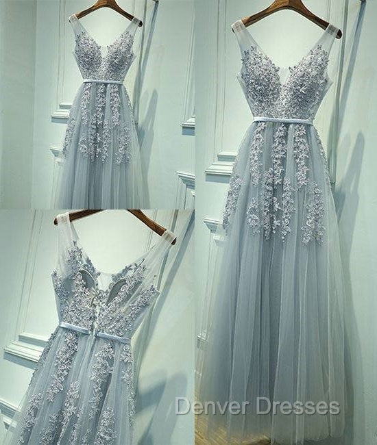 Gray A-Line Lace Tulle Long Prom Dress, Lace Tulle Bridesmaid Dress