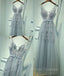 Gray A-Line Lace Tulle Long Prom Dress, Lace Tulle Bridesmaid Dress