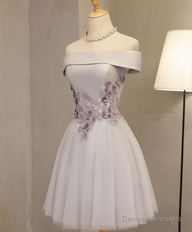 Gray A Line Off Shoulder Knee Length Prom Dress, Lace Homecoming Dresses Main image