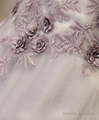 Gray A Line Off Shoulder Tea Length Prom Dress, Lace Homecoming Dress