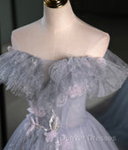 Gray A Line Off the Shoulder Appliques Tulle Long Prom Dress Evening Party Dress