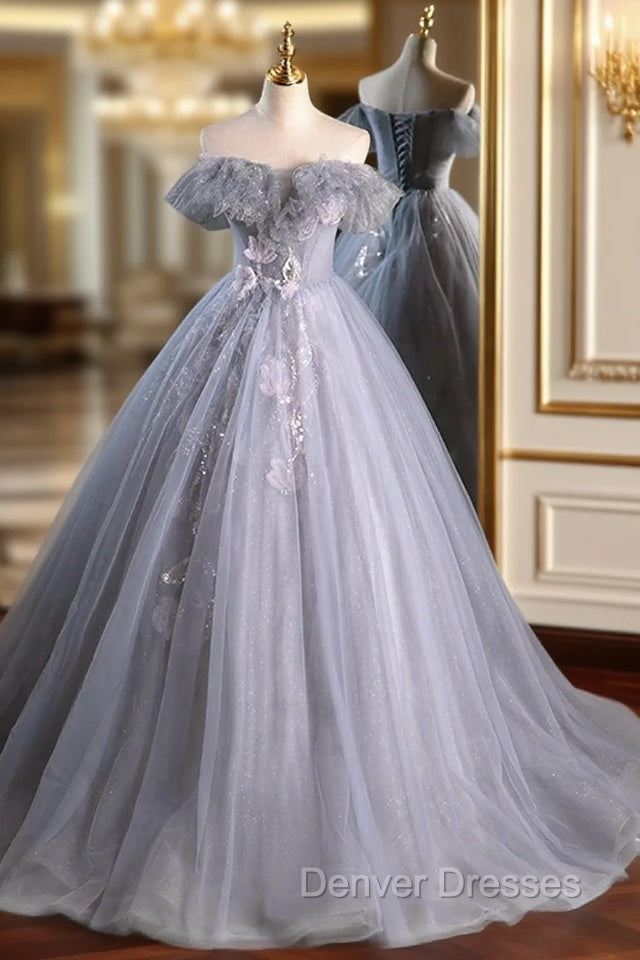 Gray A Line Off the Shoulder Appliques Tulle Long Prom Dress Evening Party Dress