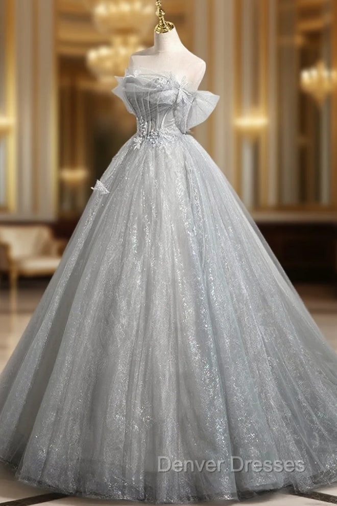 Gray A-Line Off the Shoulder Tulle Prom Dress, Lovely Corset Floor Length Party Dress