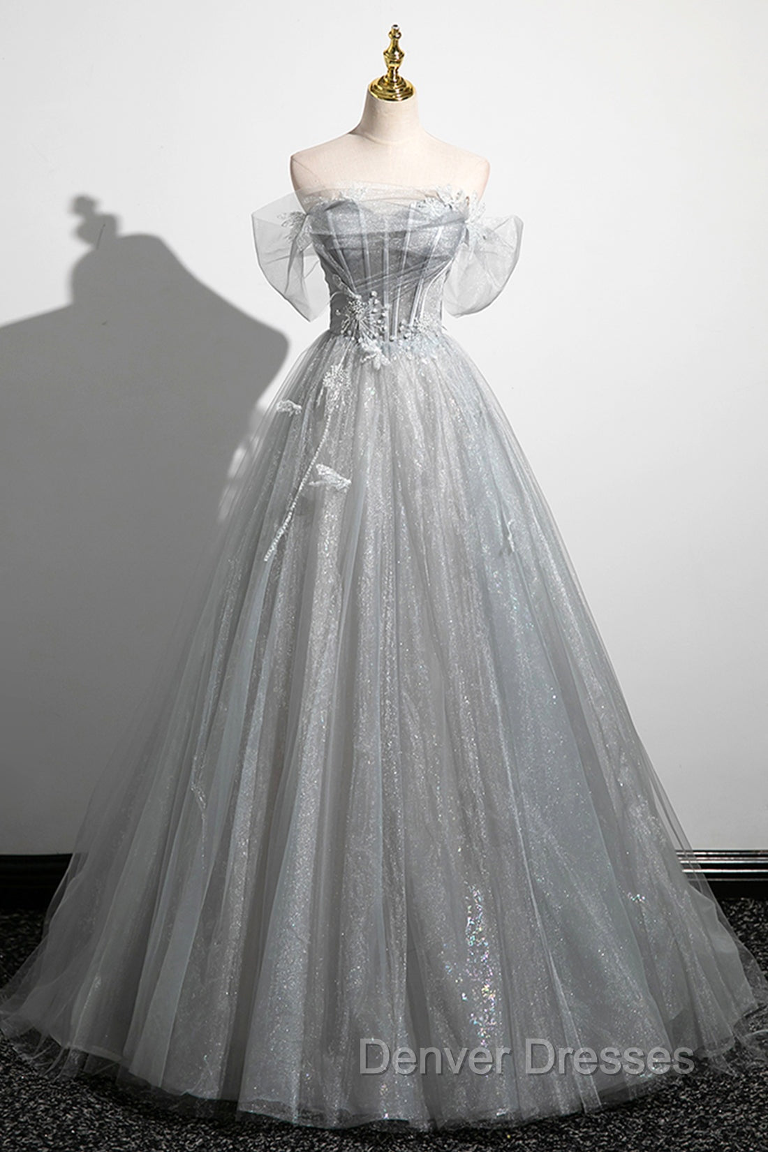 Gray A-Line Off the Shoulder Tulle Prom Dress, Lovely Corset Floor Length Party Dress Secondary image