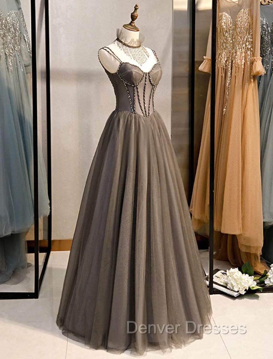 Gray A-Line Prom Dress Open Back Dress Formal Wedding Party Floor Length Sleeveless Spaghetti Strap Tulle with Pleats Crystals Secondary image