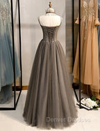 Gray A-Line Prom Dress Open Back Dress Formal Wedding Party Floor Length Sleeveless Spaghetti Strap Tulle with Pleats Crystals