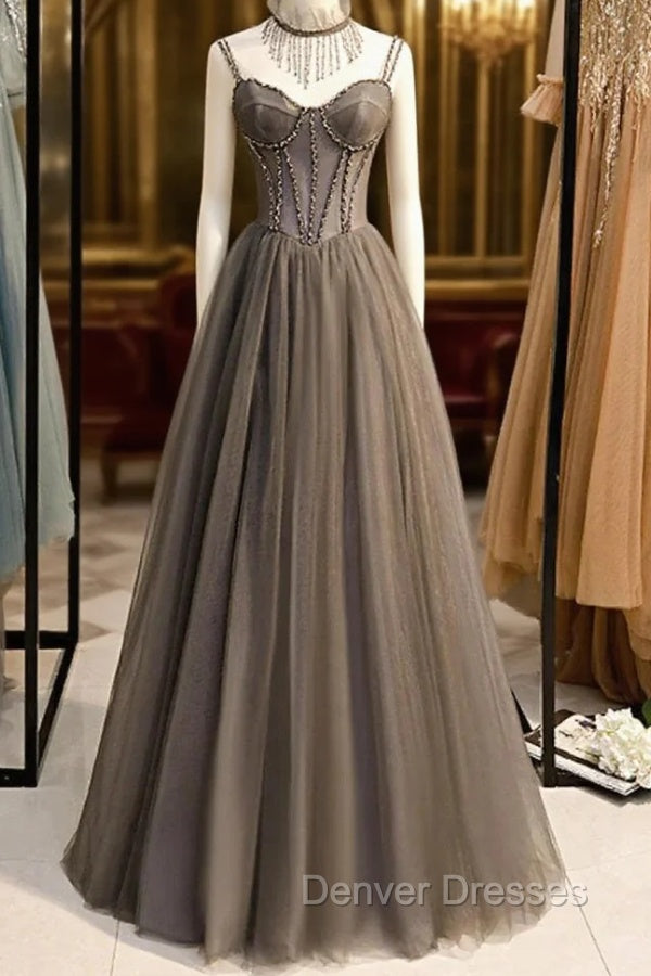 Gray A-Line Prom Dress Open Back Dress Formal Wedding Party Floor Length Sleeveless Spaghetti Strap Tulle with Pleats Crystals Main image