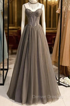 Gray A-Line Prom Dress Open Back Dress Formal Wedding Party Floor Length Sleeveless Spaghetti Strap Tulle with Pleats Crystals