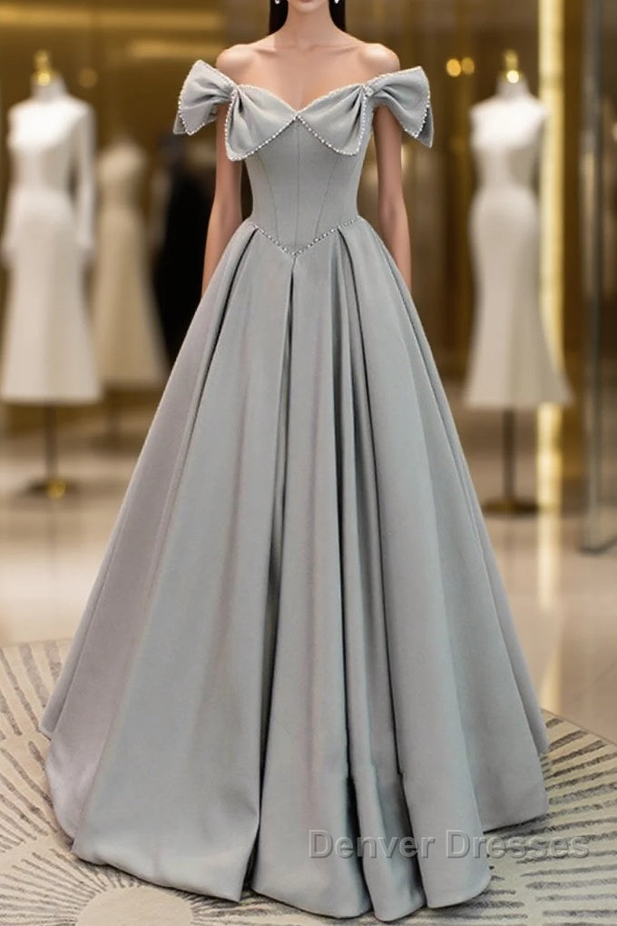 Gray A-Line Satin Long Prom Dress, Gray Formal Evening Dress Main image