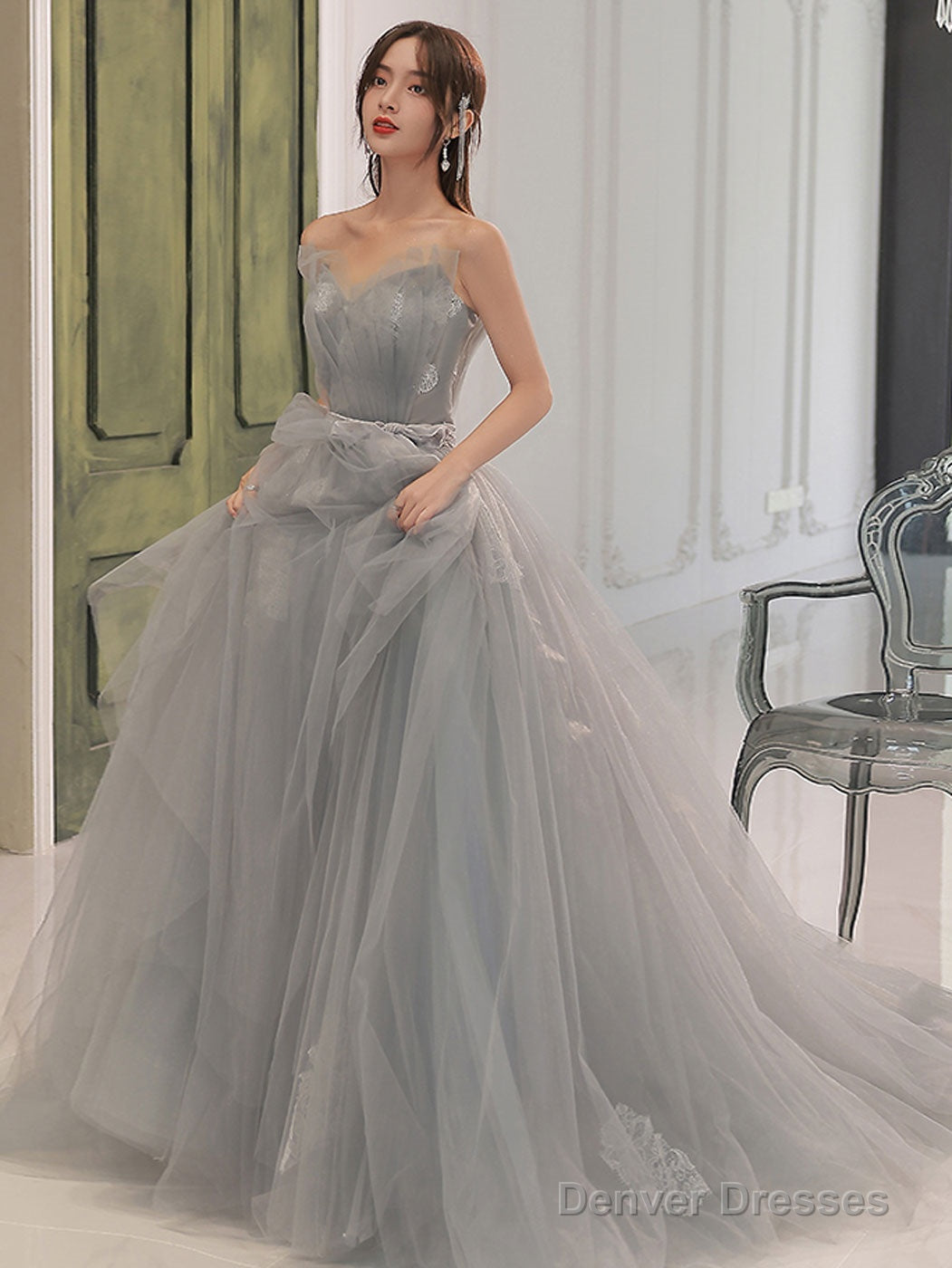 Gray A Line Tulle Lace Long Prom Dress Gray Formal Dress Main image