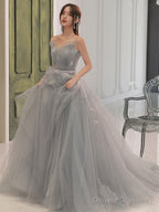 Gray A Line Tulle Lace Long Prom Dress Gray Formal Dress