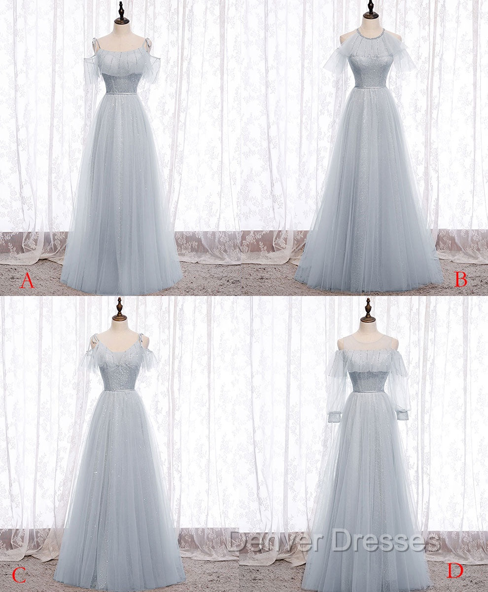 Gray A line Tulle Long Prom Dress, Gray Formal Bridesmaid Dress Secondary image