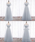 Gray A line Tulle Long Prom Dress, Gray Formal Bridesmaid Dress