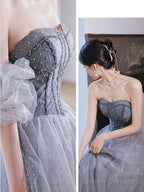 Gray A Line Tulle Long Prom Dress Gray Tulle Formal Dress