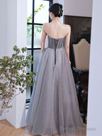 Gray A Line Tulle Long Prom Dress Gray Tulle Formal Dress