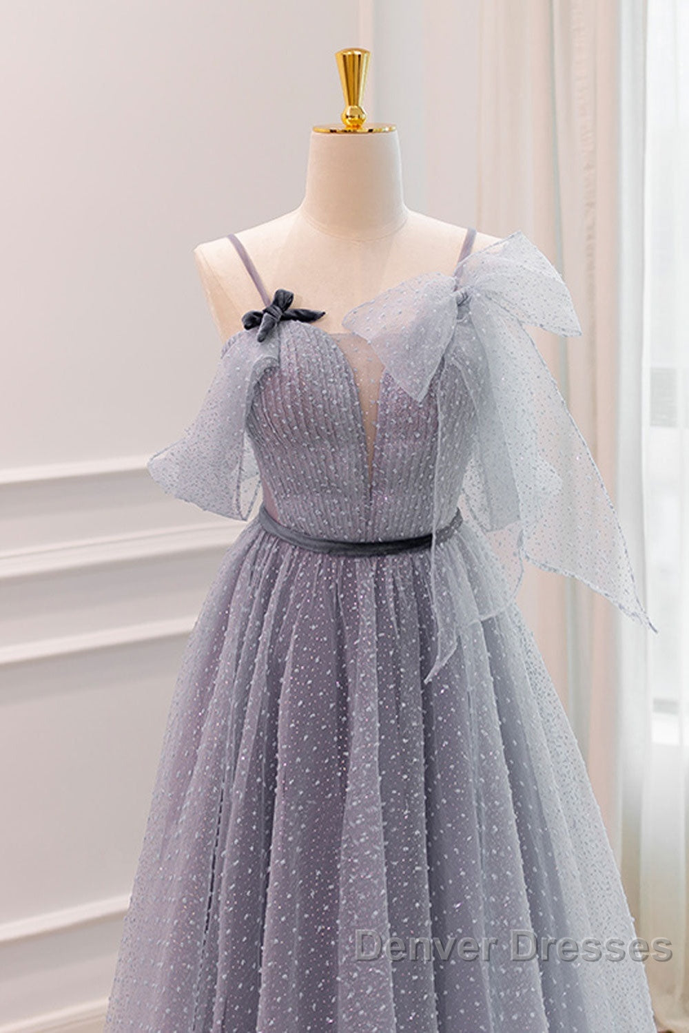 Gray A-Line Tulle Long Prom Dress, Gray Formal Evening Dress