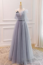 Gray A-Line Tulle Long Prom Dress, Gray Formal Evening Dress