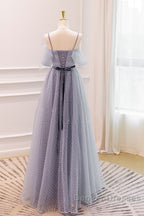 Gray A-Line Tulle Long Prom Dress, Gray Formal Evening Dress