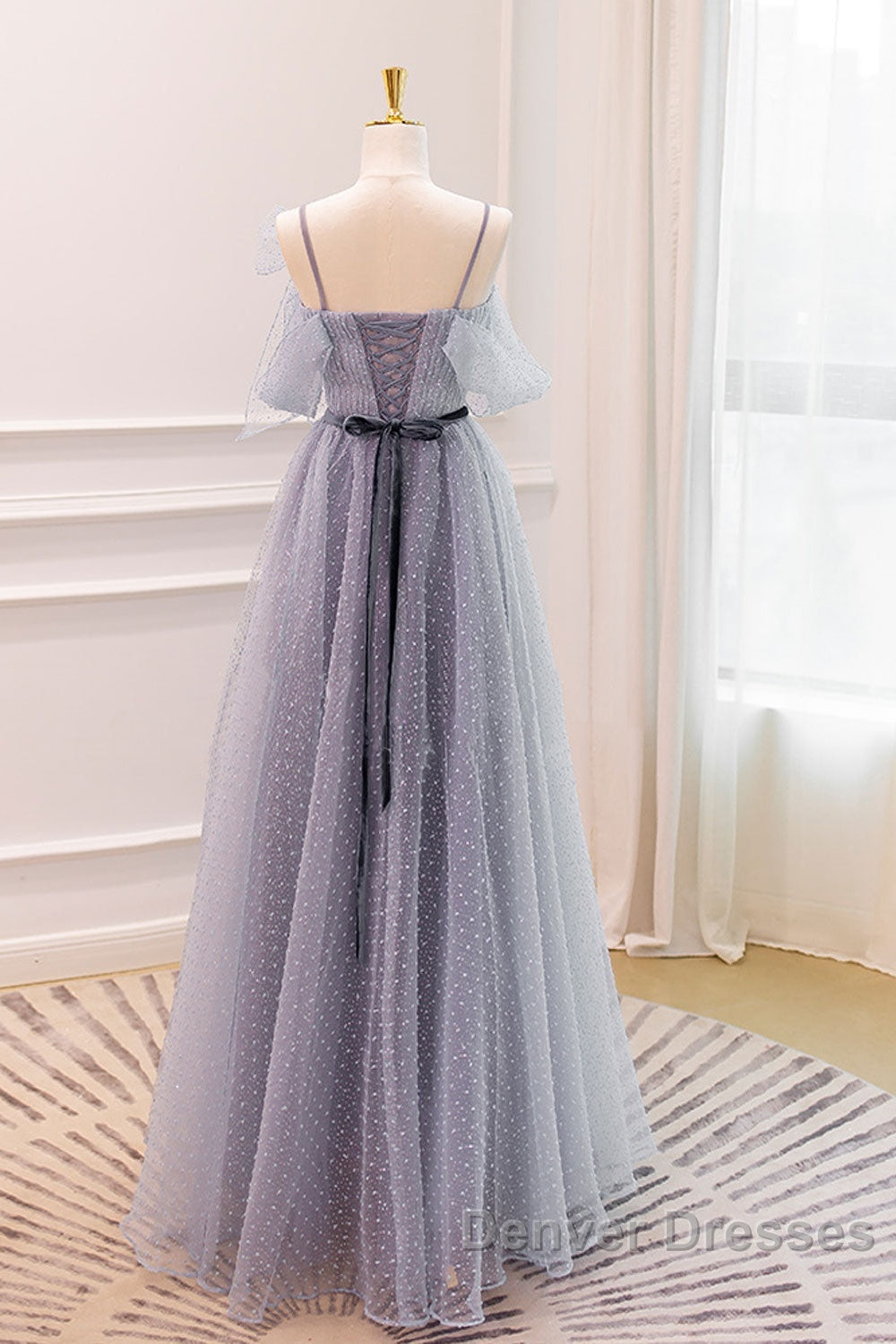 Gray A-Line Tulle Long Prom Dress, Gray Formal Evening Dress