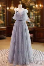 Gray A-Line Tulle Long Prom Dress, Gray Formal Evening Dress