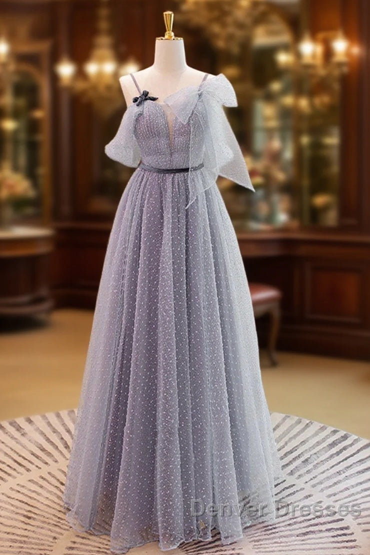 Gray A-Line Tulle Long Prom Dress, Gray Formal Evening Dress