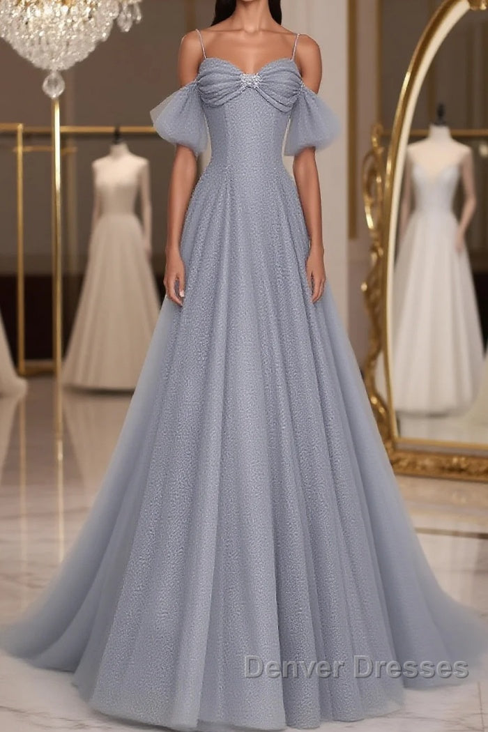 Gray A line tulle off shoulder prom Dress, gray long evening Dress Main image