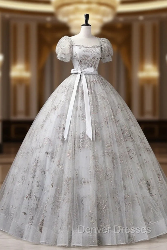 Gray A-Line Tulle Sequin Long Prom Dress, Gray Tulle Sweet 16 Dress